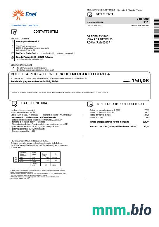 Italy Enel electricity rachunek za usługi komunalne szablon w formatach Word i PDF